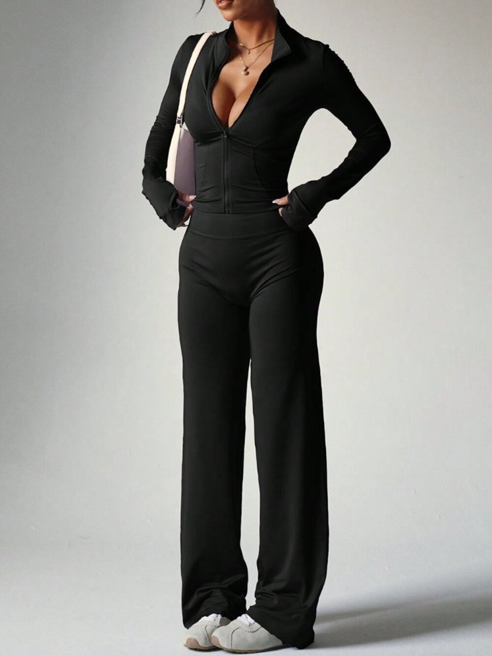 Black Casual Women's Long Sleeve Top + Loose Wide Leg Pants Yoga Outfit Sports